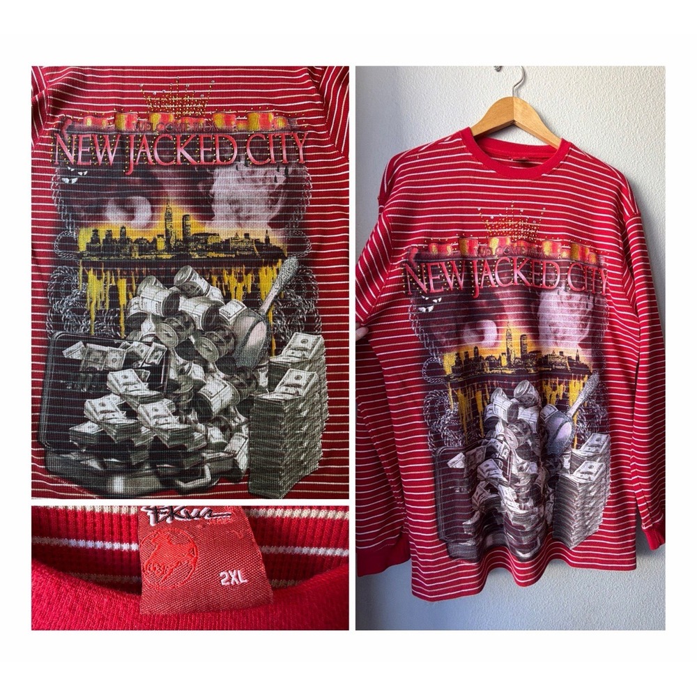 Vintage Y2K RAGZ New Jack City Rhinestone Thermal Shirt Streetwear Red Stripd XL